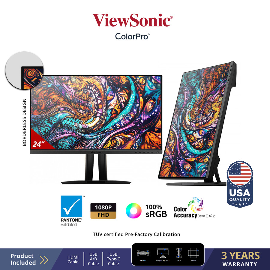 Monitor LED ViewSonic VP2456 24" IPS FHD Pantone sRGB 60W USB-C 1080p sRGB 100% PIVOT