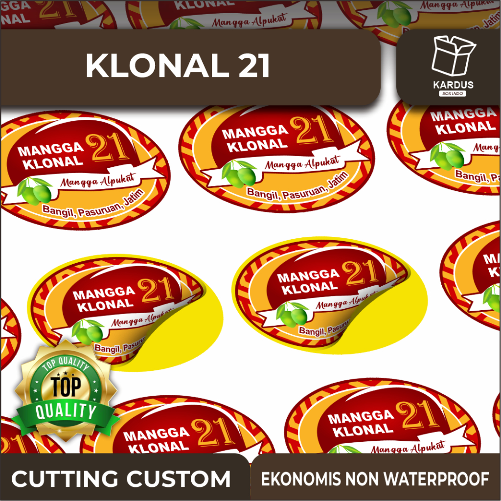 

LABEL/STICKER BUAH "MANGGA CLONAL 21" UK. 2,5 x 1,6 cm KERTAS A4 ISI 136 PCS BAHAN BONTAX - stikerbuah/stikermangga/manggaalpukat/manggaclonal21/labelbuah