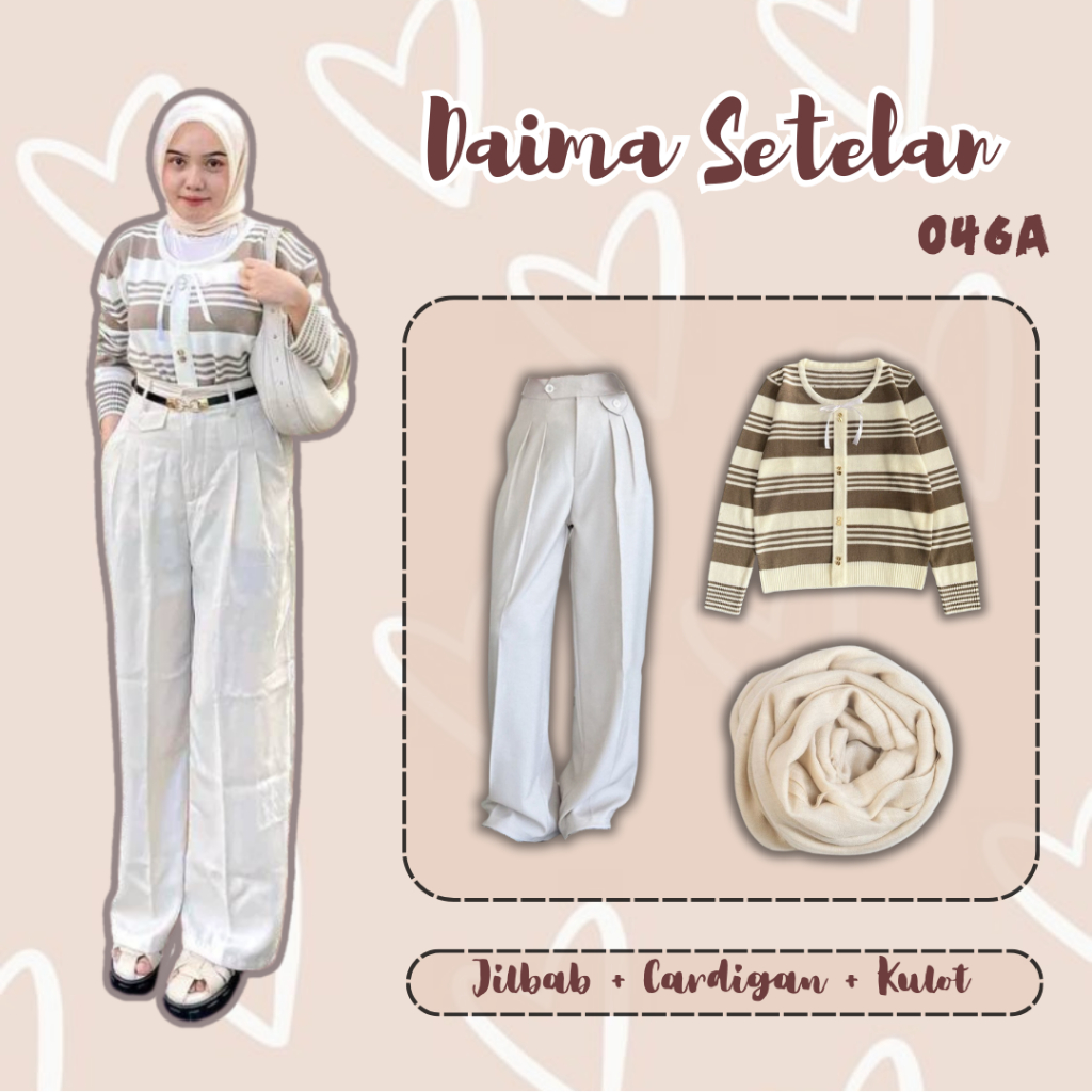 Setelan One Set 3in1 Kekinian Hijab Paris Premium & Cardigan Wanita Salur & Kulot Premium 046ABR