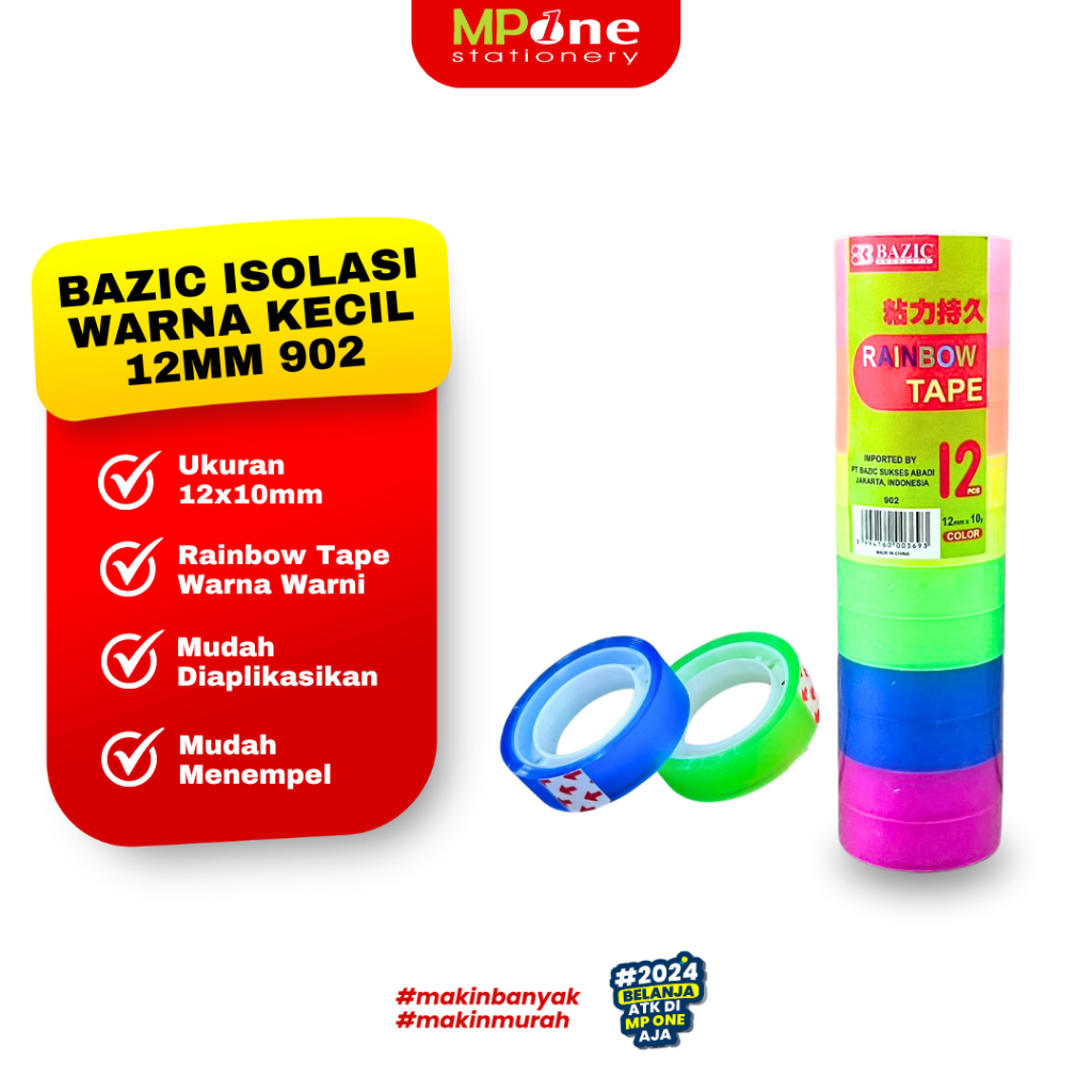 

(1 PCS) Bazic Isolasi Rainbow Kecil 12mmx10mm / Cellotape Warna Warni Serbaguna Bazic 902