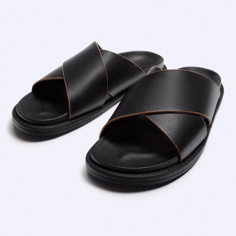 ZARA Men Sandal Leather Crossover Sendal Pria Black