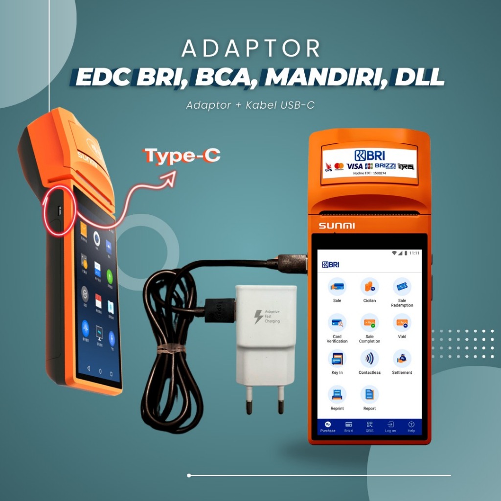 ORIGINAL Charger Adaptor EDC Android APOS BCA BRI CIMB MANDIRI MEGA Type C Colokan usb C TERBARU