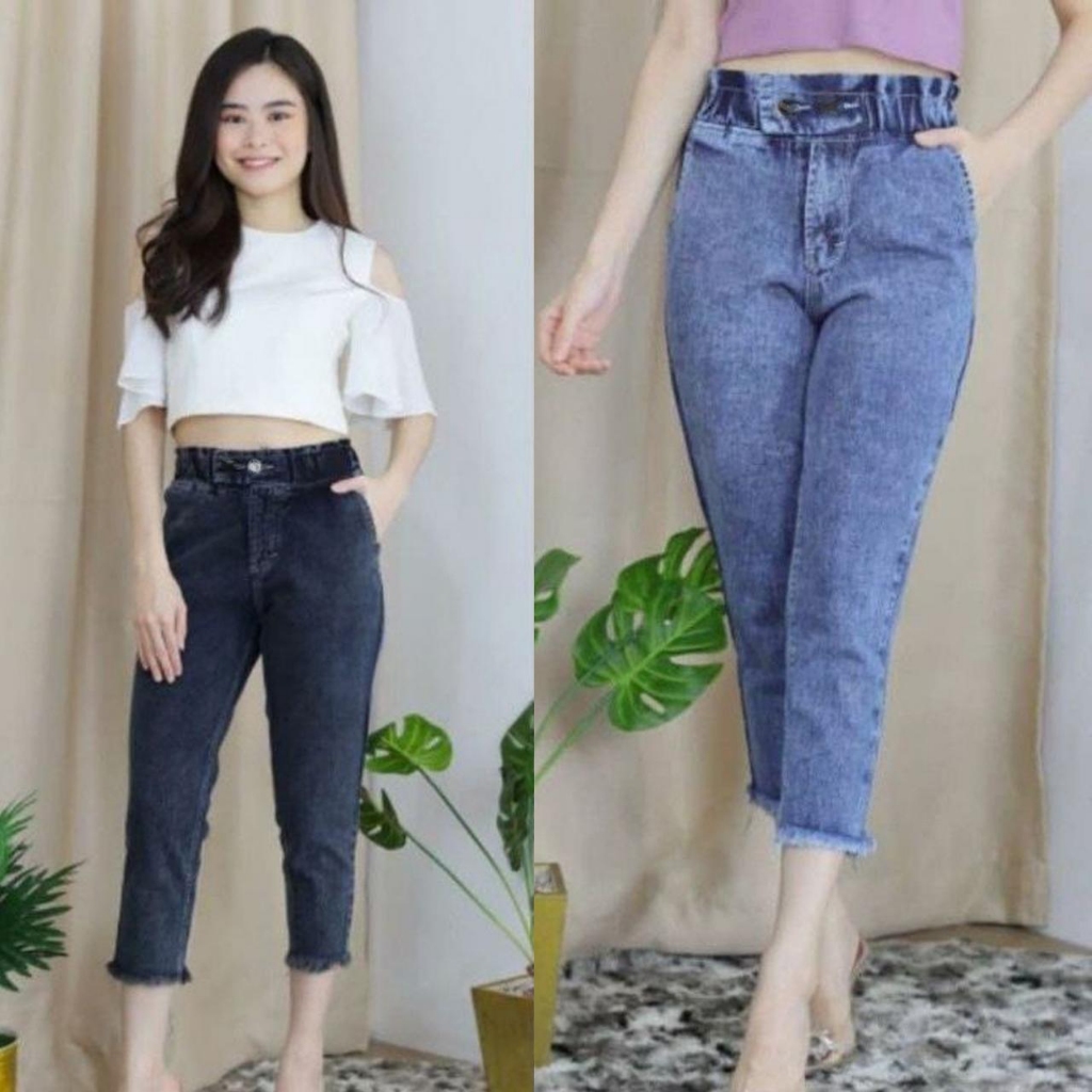 Miskstore - Rubber Pants 7/9 Celana Baggy Jeans Wanita Resleting Kancing