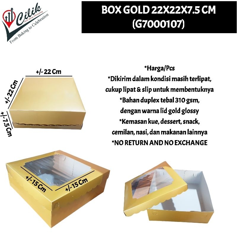 

box+dus+duplex+warna+emas+gold+jendela+mika+window+ukuran+22x2x7.5 cm+25x25x9.5 cm+28x28x11 cm+30x30x12 cm+25x12x8 cm+kemasan+wadah+packaging+kue+cake+puding+snack+dessert+cemilan+nasi+katering+tumpeng+roti+pizza+donat+makanan
