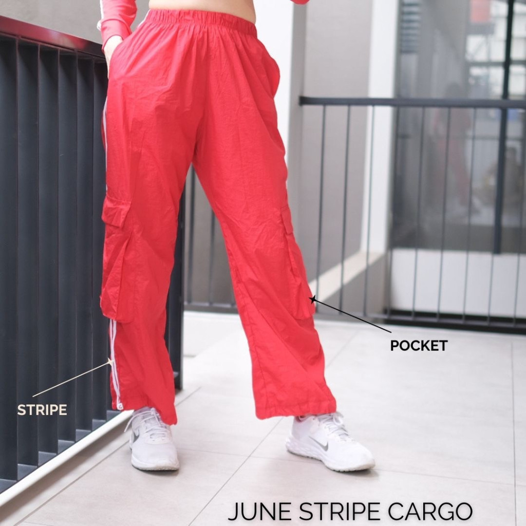 CELANA CARGO STRIPE WANITA 2 POCKET MERAH HITAM UNGU ARMY CELANA OLAHRAGA WANITA