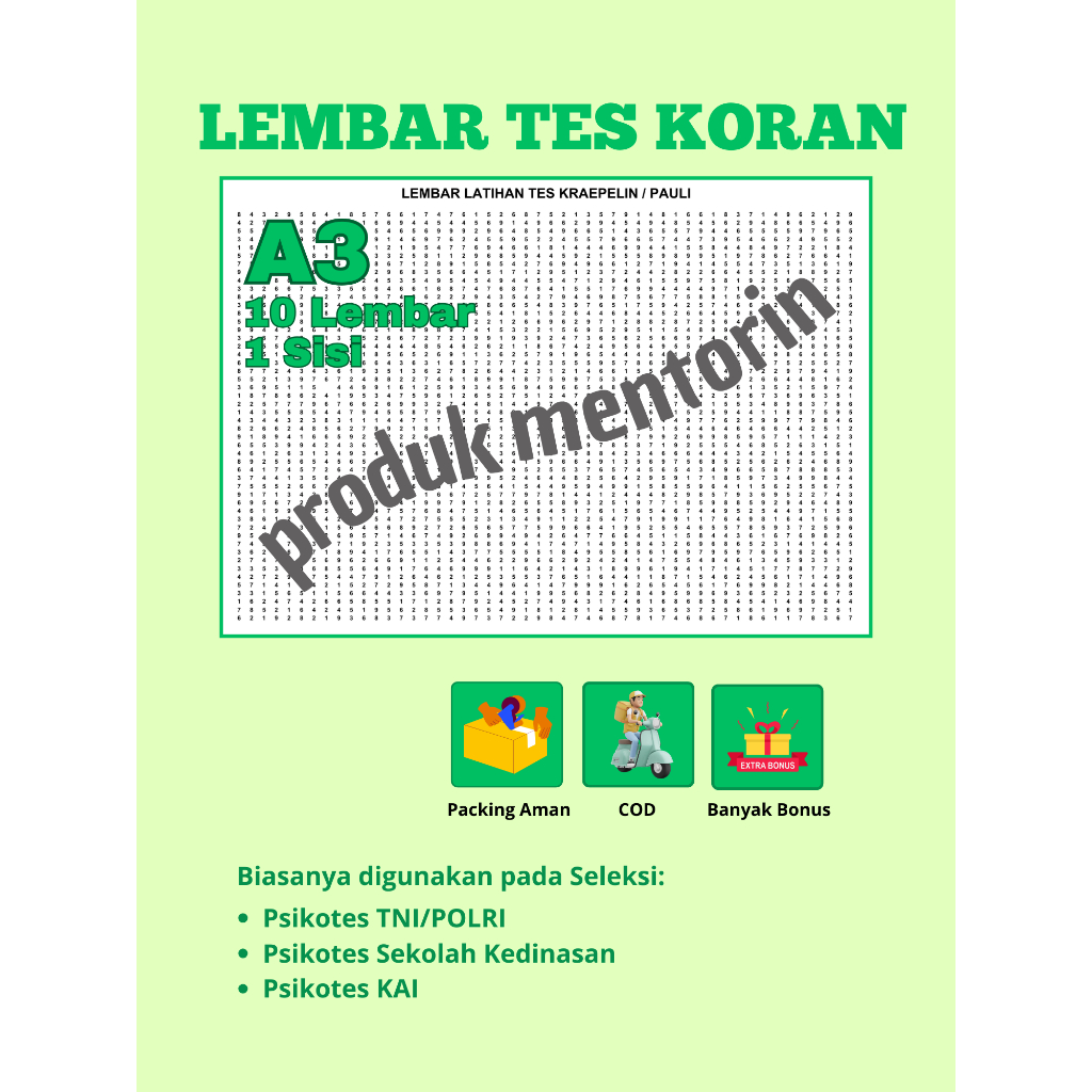 

LEMBAR TES KORAN / TES PAULI / TES KRAEPELIN A3 (10 Lembar)