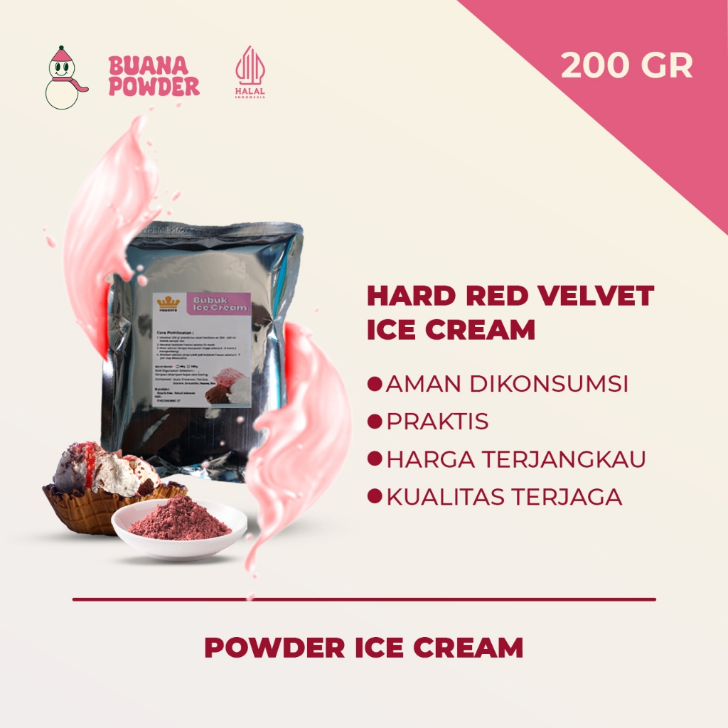 

BUANAPOWDER - BUBUK ES KRIM MURAH RASA RED VELVET 200 gr / HARD RED VELVET ICE CREAM POWDER