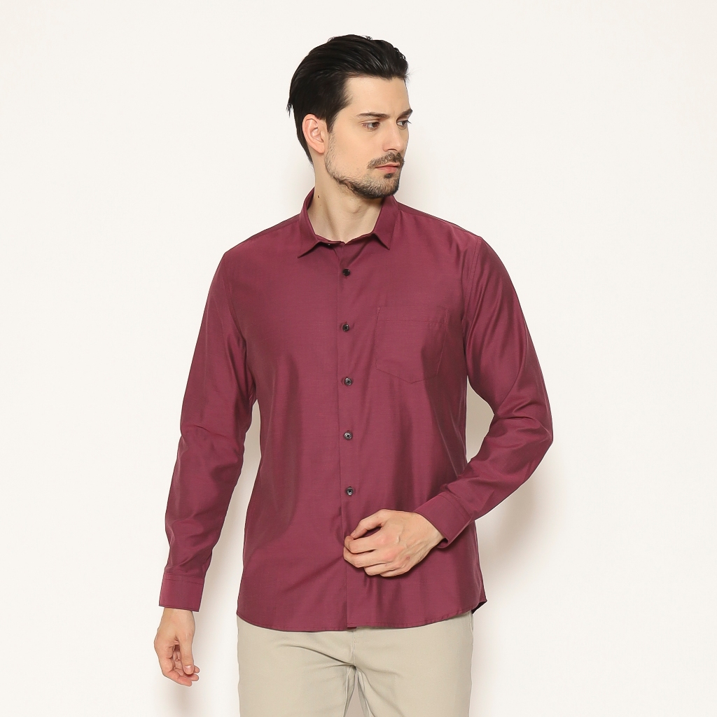MAGINOT Kemeja Pria Basic Stripe Lengan Panjang WINE