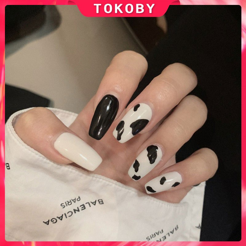 kuku palsu motif sapi hitam putih lucu free lem