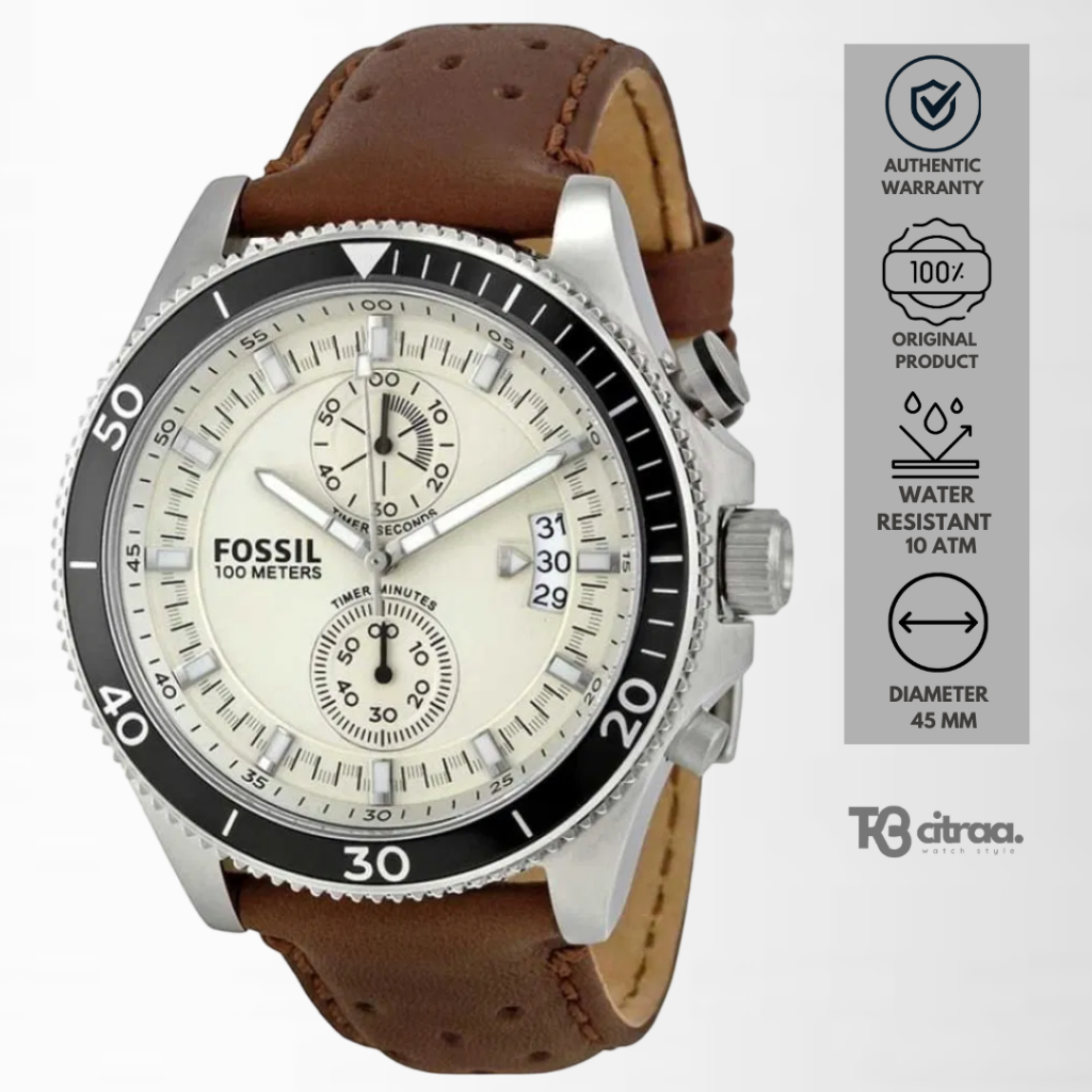 jam tangan fashion pria fossil cowok wakefield analog strap kulit chronograph men brown leather spor