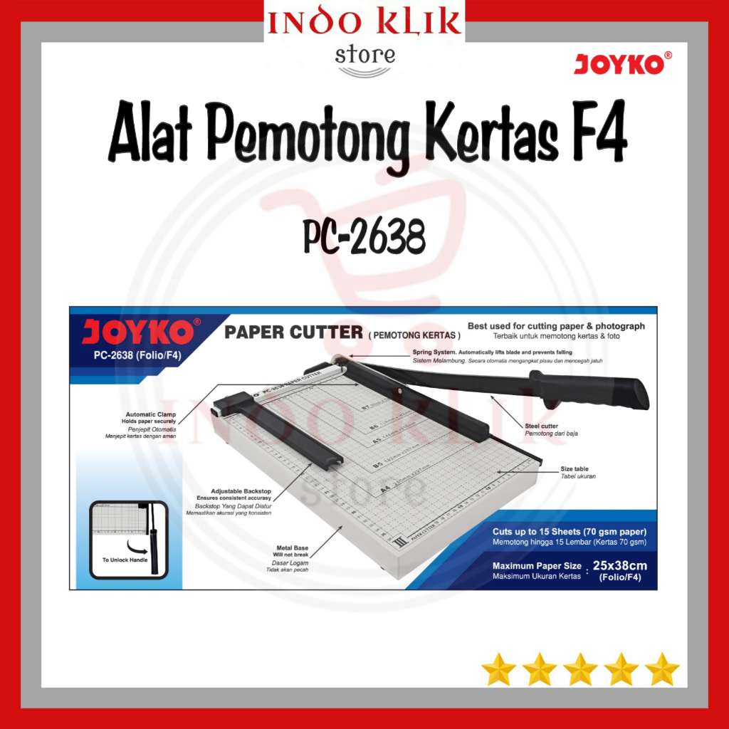 

Mesin Pemotong Kertas F4 PC 2638 Joyko / Alat Pemotong Kertas Foto F4 PC-2638 / Paper Cutter F4 26 x 38 cm
