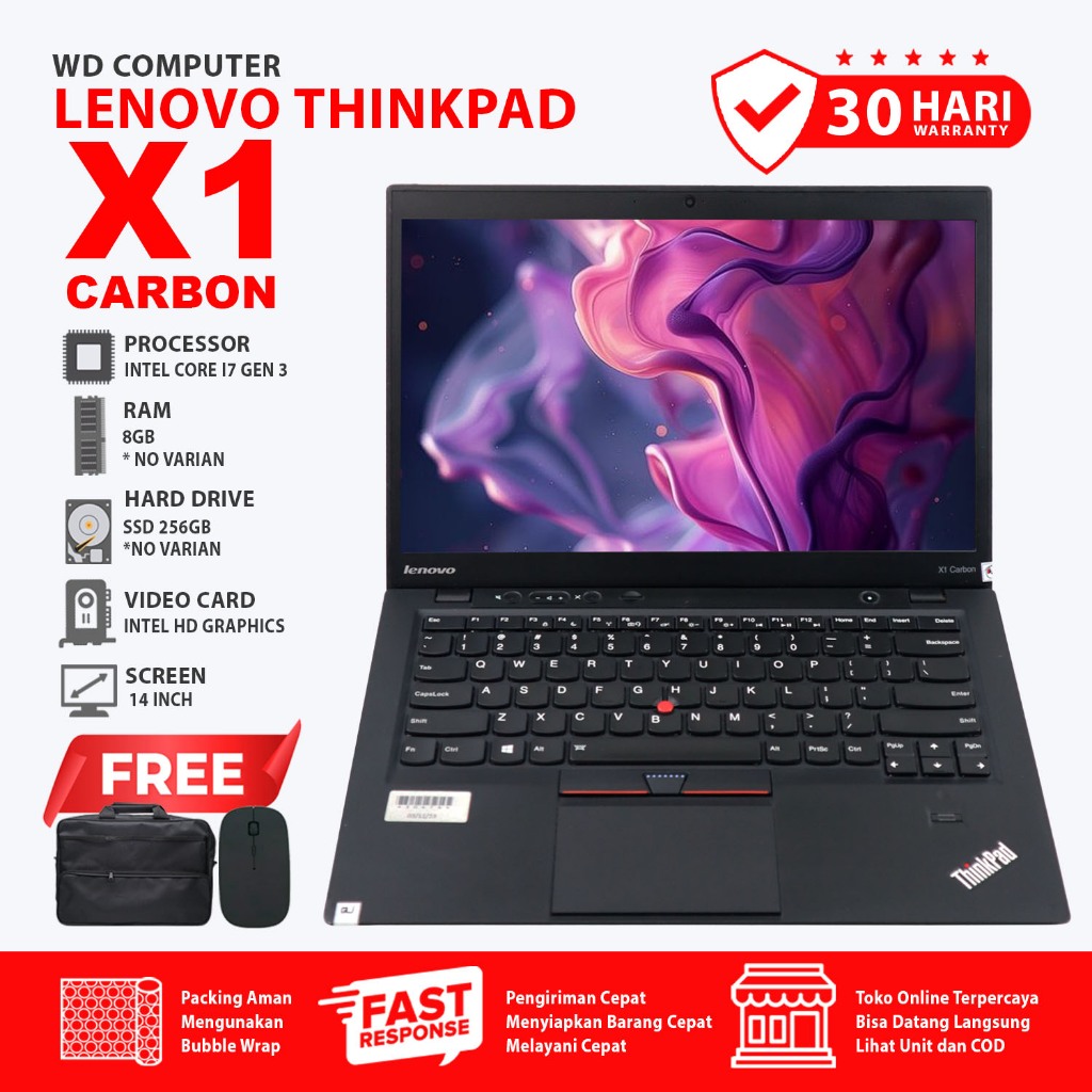 Laptop Lenovo Thinkpad X1 Carbon I7 Gen 3 Ram 8 Gb Ssd 256 Gb I Layar 14 inch I Bonus Mouse Dan Tas