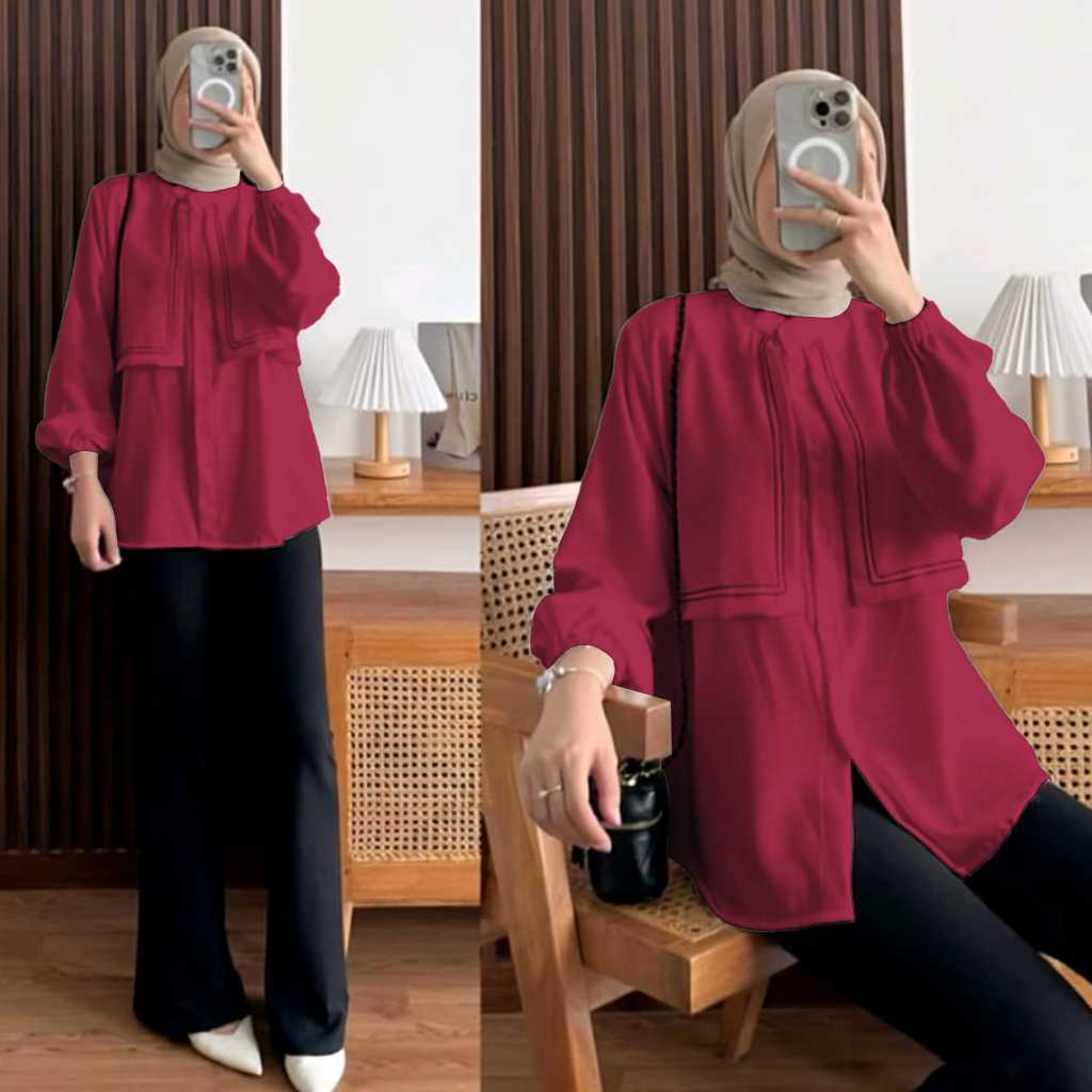 Kemeja Wanita Lengan Karet Jumbo Bahan Polo Linen Kerah Kotak Panjang