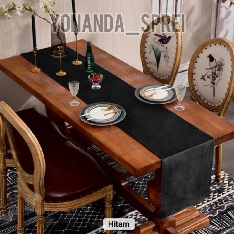 taplak meja atau table runner bahan suede premium polos hitam
