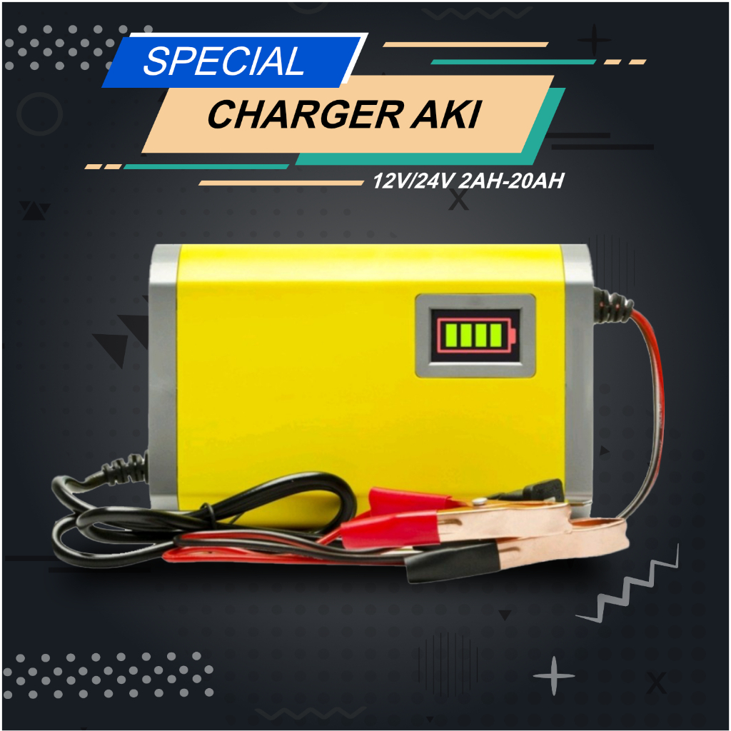 Charger Aki Portable 12V 2A Charger Aki 12V3AH-20AH Casan Aki Motor Mobil Cas Aki Kering Dan Basah