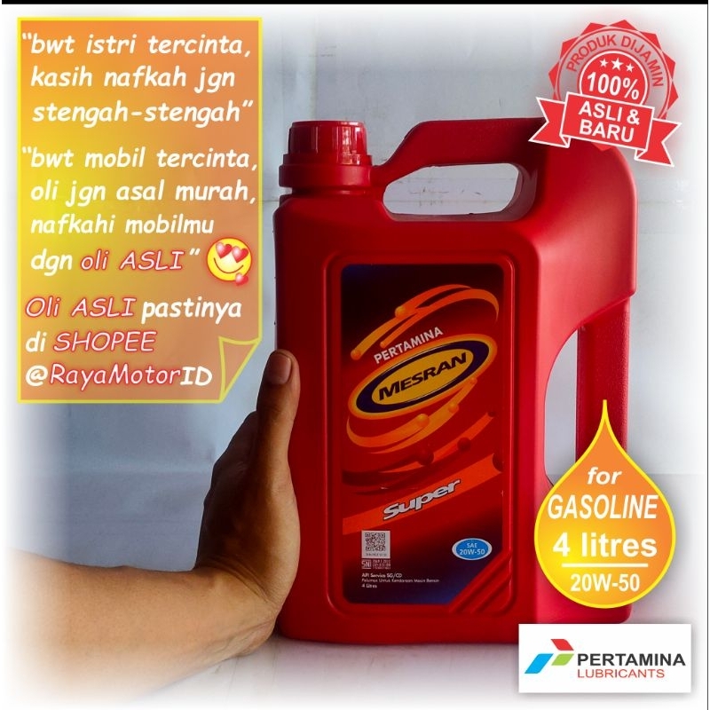 Oli mesin MOBIL BENSIN - merk MESRAN SUPER (isi 4 LITER, kualitas STANDAR)
