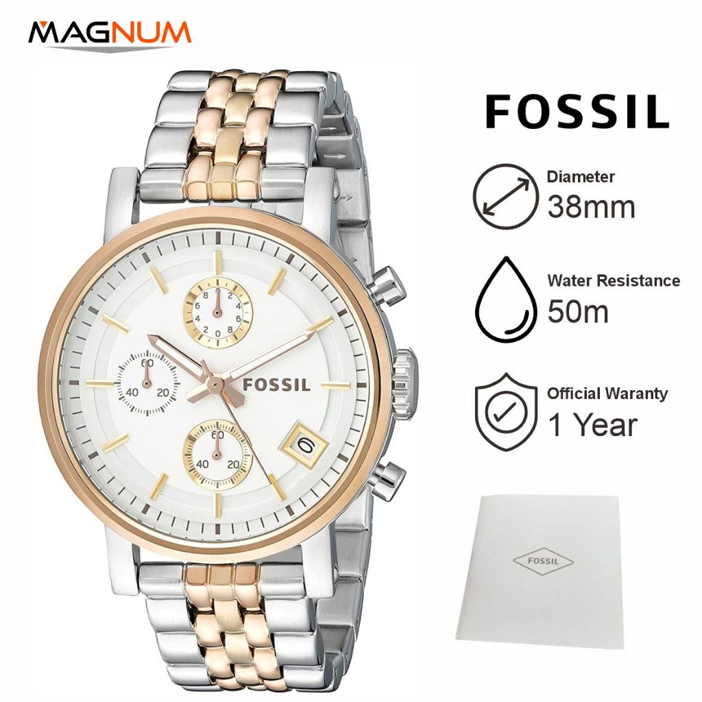 Jam Tangan Wanita Fos siI ES3840 Chronograph Silver Gold Stainless Steel