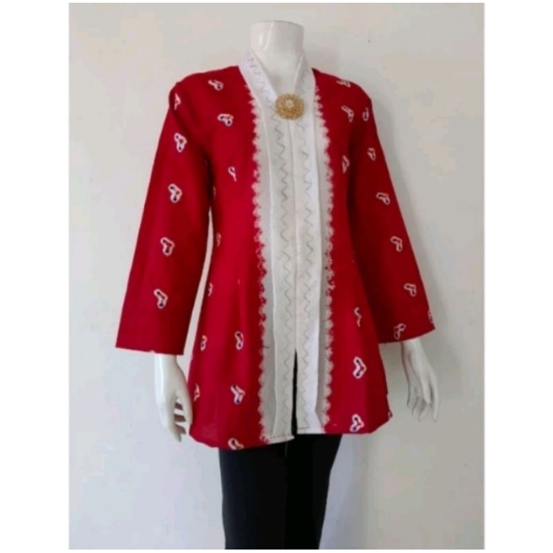 Blus Batik Wanita Kartini Merah-Putih Jumputan Solo Jumputan TwoTone Batik Kerja Batik Sekolah Batik