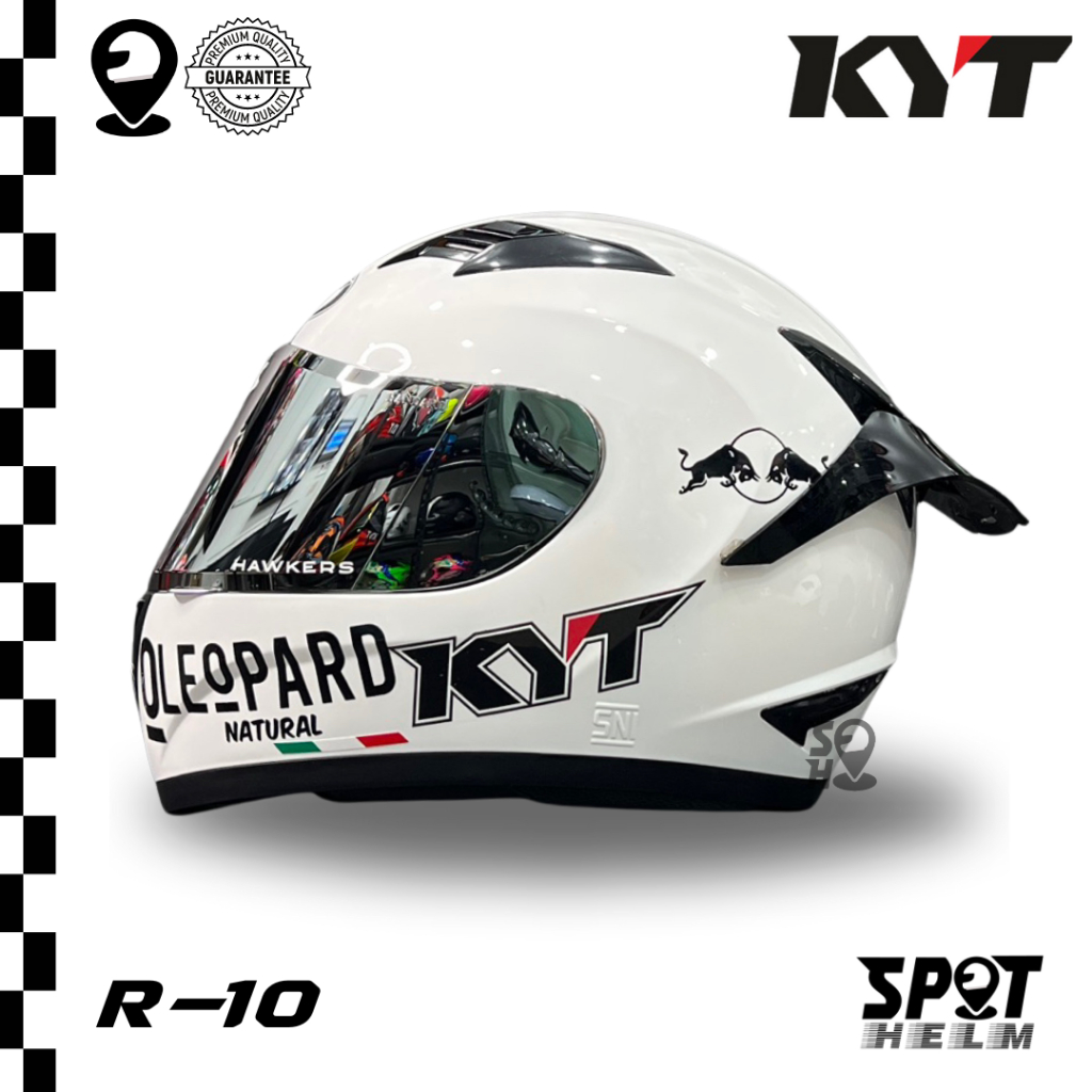 HELM KYT R10 SOLID WHITE LEOPARD REDBULL STIKER | HELM KYT FULL FACE R10 LEOPARD