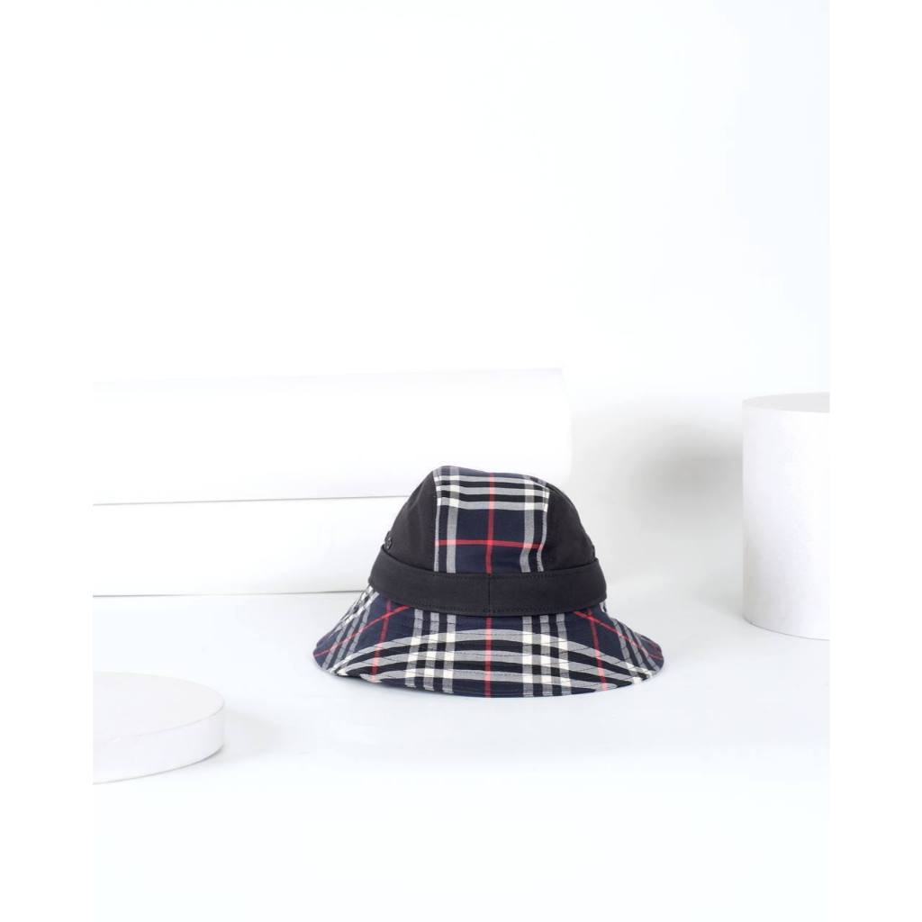 Burberry Check Pattern Bucket Hat Navy Unisex