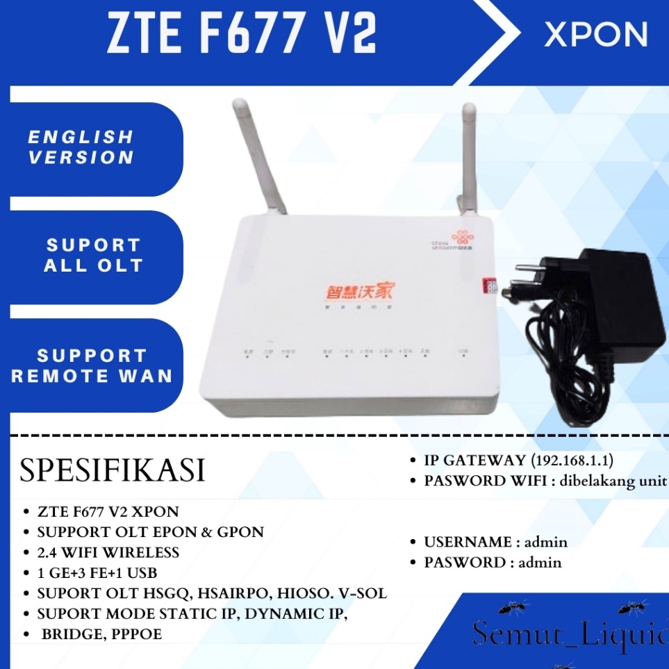 MODEM ONU XPON ZTE F677 v2 Grade A casing kecil Plus adaptor STBont Second  bukan F477 v2 KODE O9G7