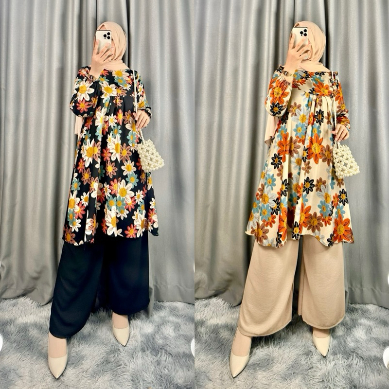 ONE SET TUNIK BUNGA MATAHARI SET DAILY LONG TUNIK