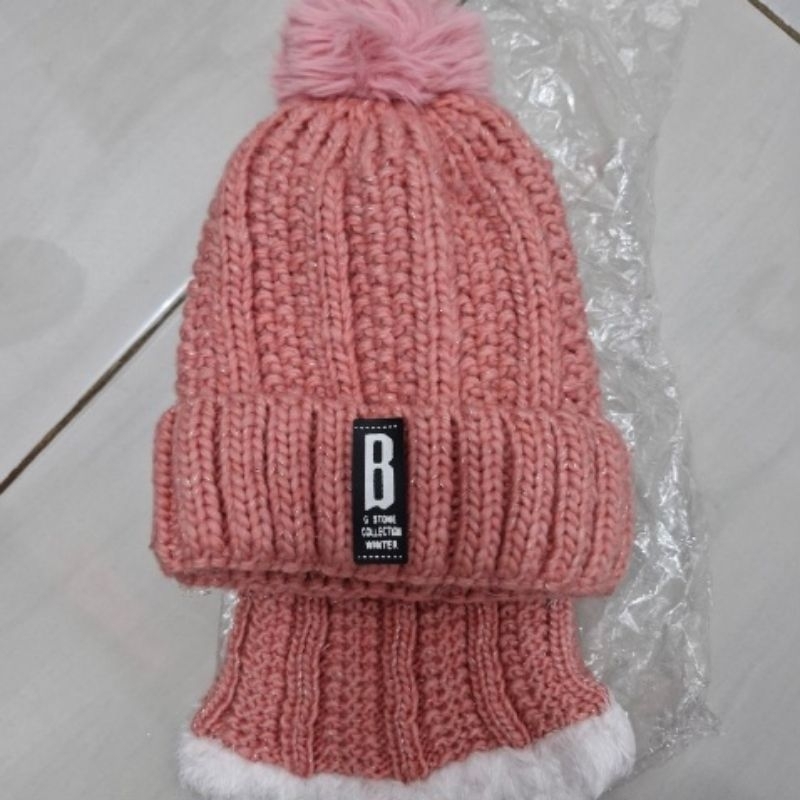 topi kupluk rajut plus syal