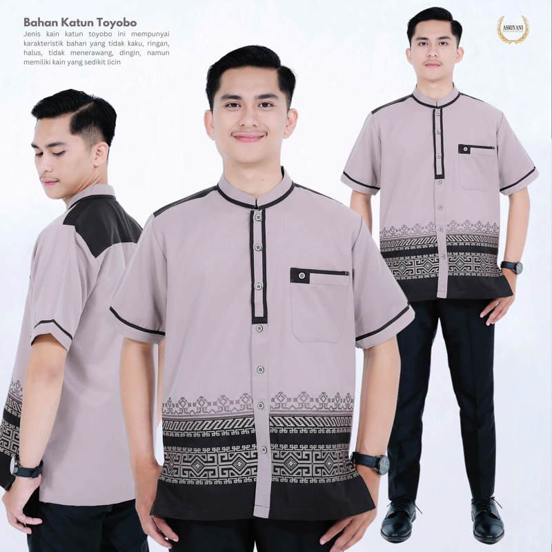 [Asriyani] Baju Koko Rafiq Lengan Pendek Kombinasi Bordir Full Bawah Katun Toyobo Premium
