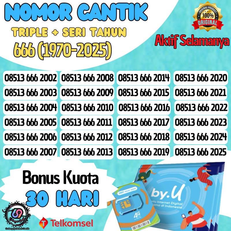 Nomor Cantik Couple Triple + Seri Tahun (666 + 1970-2025) Kartu Perdana by.U Telkomsel (Bonus Kuota 