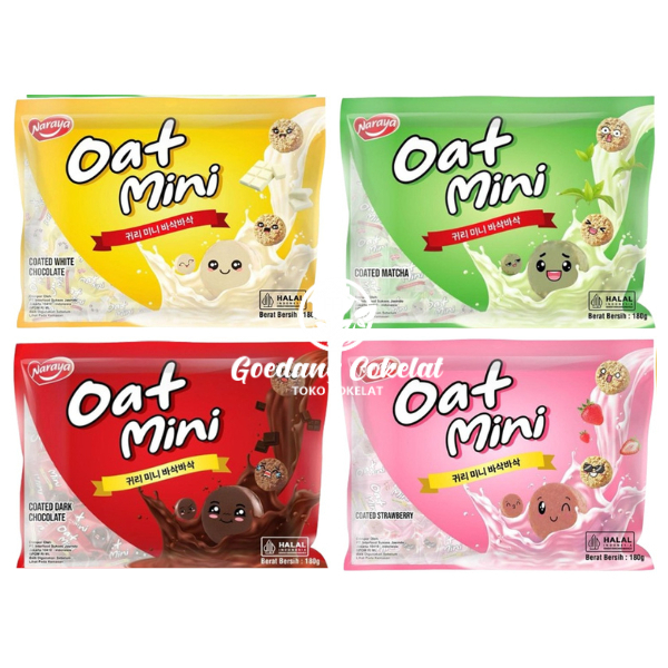 

Camilan Makanan Ringan Snack Naraya Oat Mini 180 Gr Dark Choco, Strawberry, Wafer Roll 200 Gr Strwaberry, More Choco