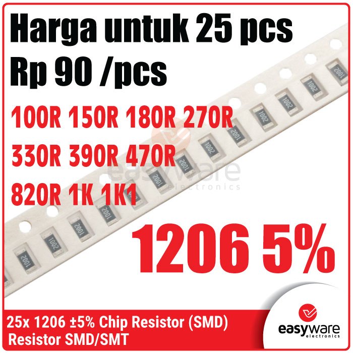 25pcs Resistor 1206 5% 100R 150R 180R 270R 330R 390R 470R 820R 1K 1K1 Chip Resistor SMD 1206 5% 100 