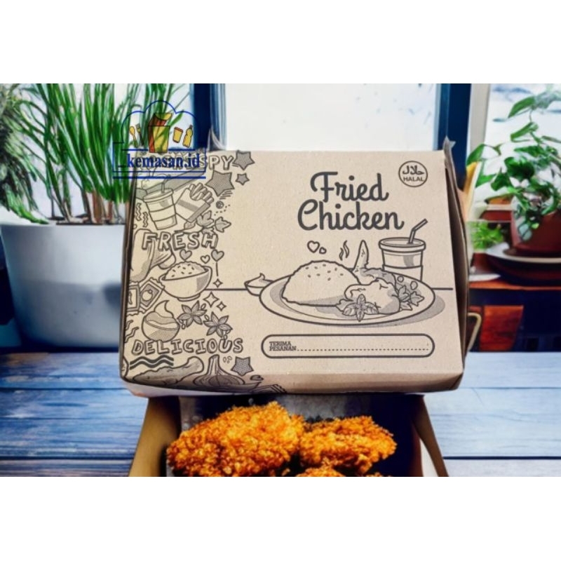 

BOX KRAFT COKLAT FULL LAMINASI MOTIF FRIED CHICKEN 15X11X7 10PCS[100]