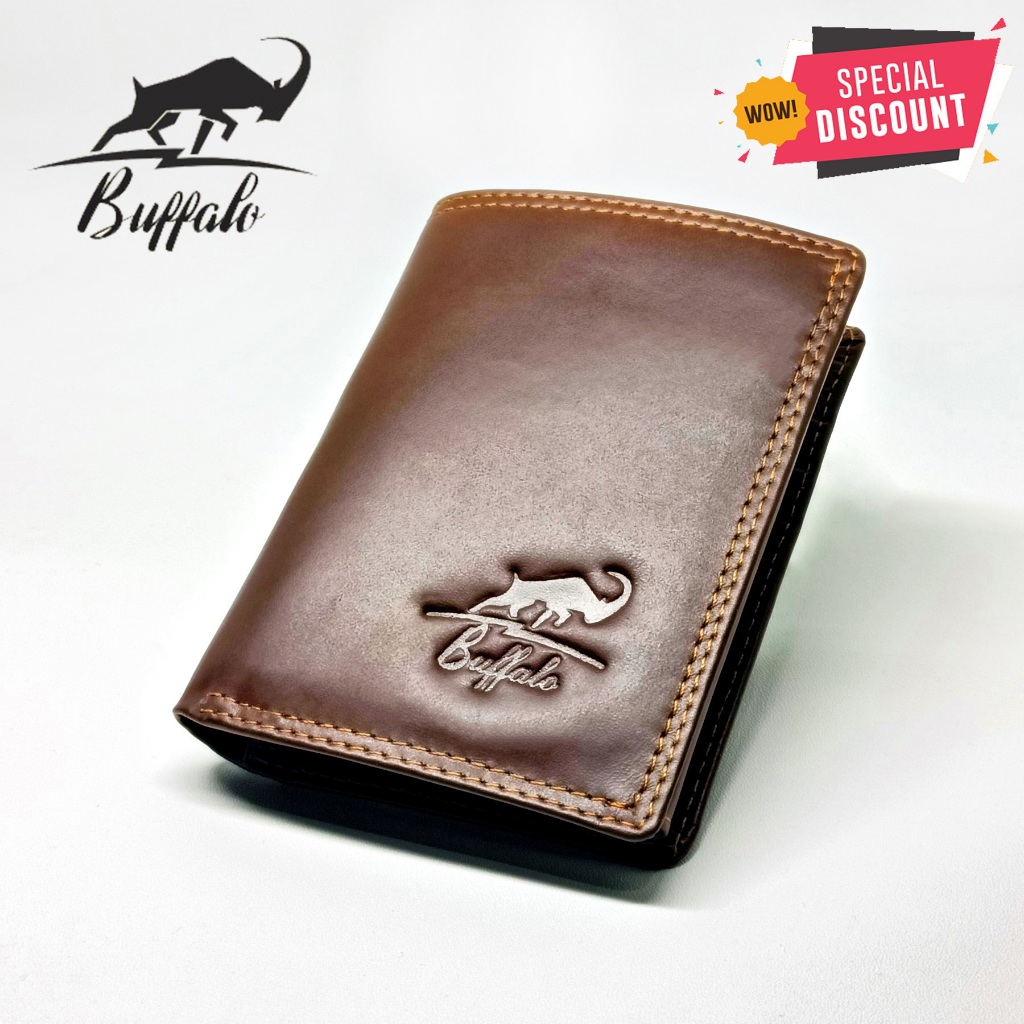 Buffalo Dompet Pria 100% Kulit Asli Model Lipat Casual Slot Kartu Banyak