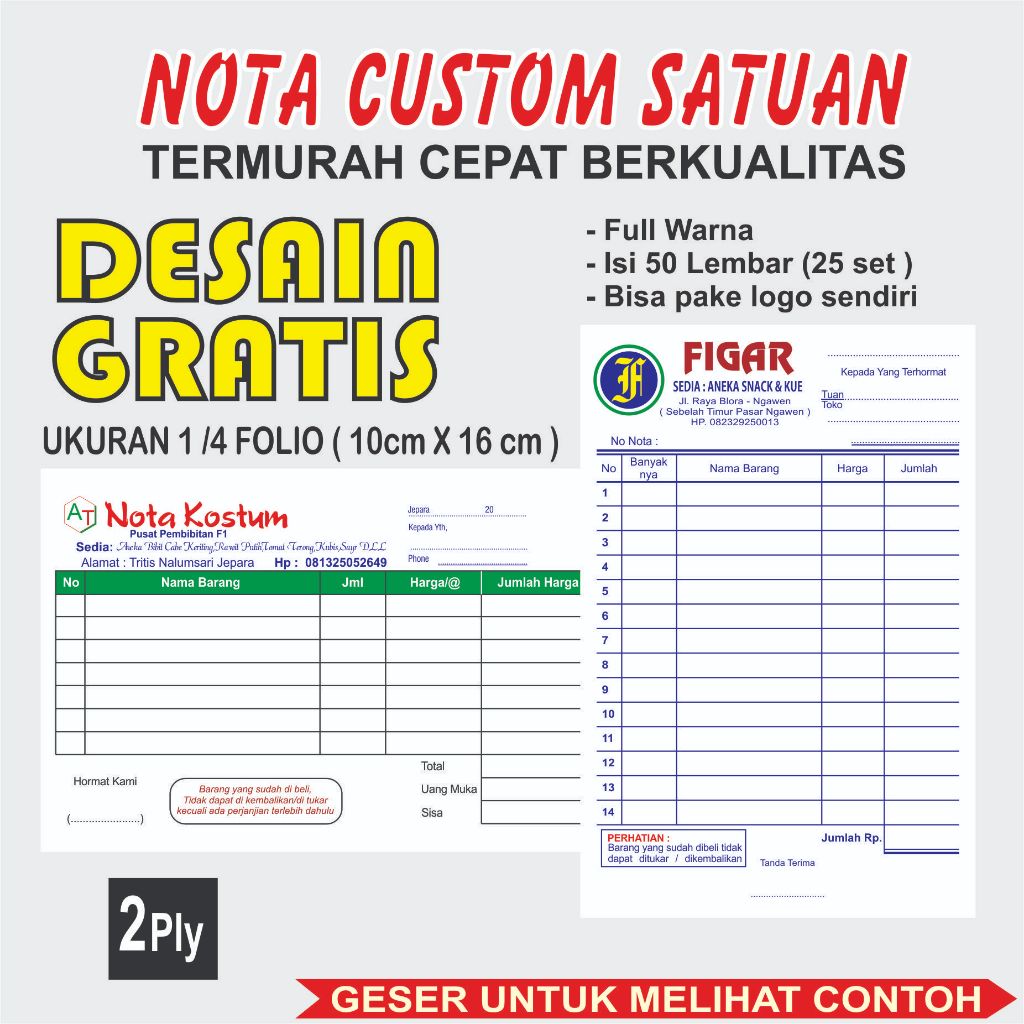 

CETAK NOTA CUSTOM SATUAN MURAH 2PLY UKURAN 1/4 FOLIO / NOTA OLSHOP / NOTA PENJUALAN / KWITANSI / BON