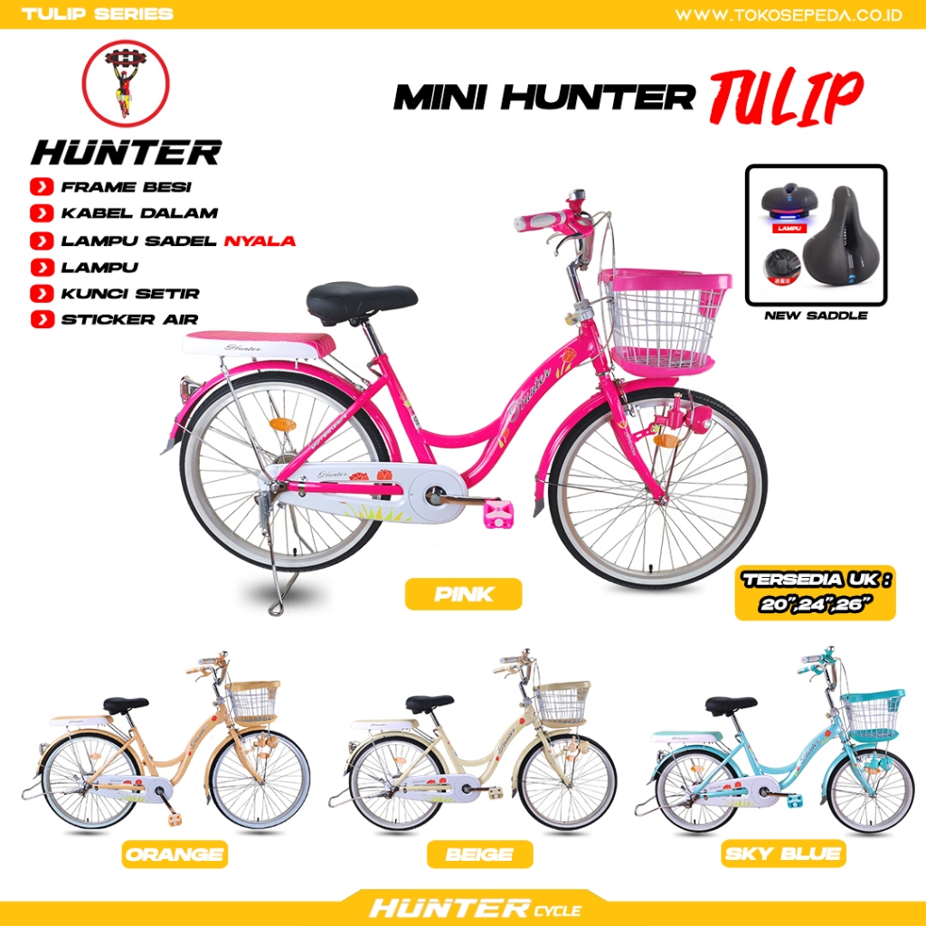 HUNTER TULIP 20 in SEPEDA MINI UNTUK DEWASA WANITA KERANJANG BESI KUNCI SETIR SADDLE BONCENGAN EMPUK
