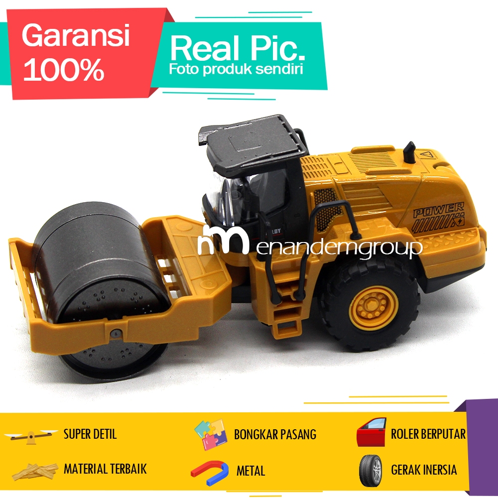 Diecast Miniatur Mainan Mobil Alat Berat Roller Tandem Aspal Metal Inersia