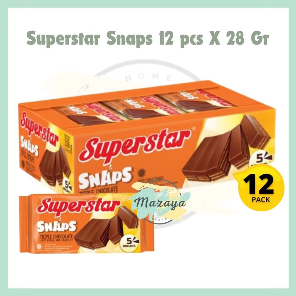 

SUPERSTAR SNAPS TRIPLE CHOCOLATE ISI 5 WAFER PER SACHET NETTO 12 PCS X 28 GR - MAZAYA HOMESTORE