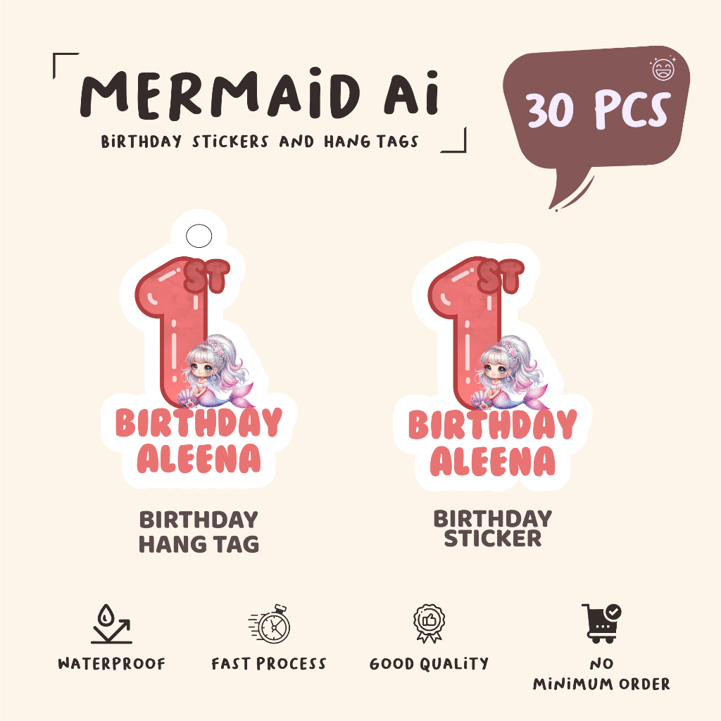 

(30pcs)label hang tag ulang tahun/murah/ MERMAID AI /lucu cetak hang tag ulang tahun/label stiker diecut/murah/label ulang tahun/suvemir ultah/stiker diecut/hangtag diecut