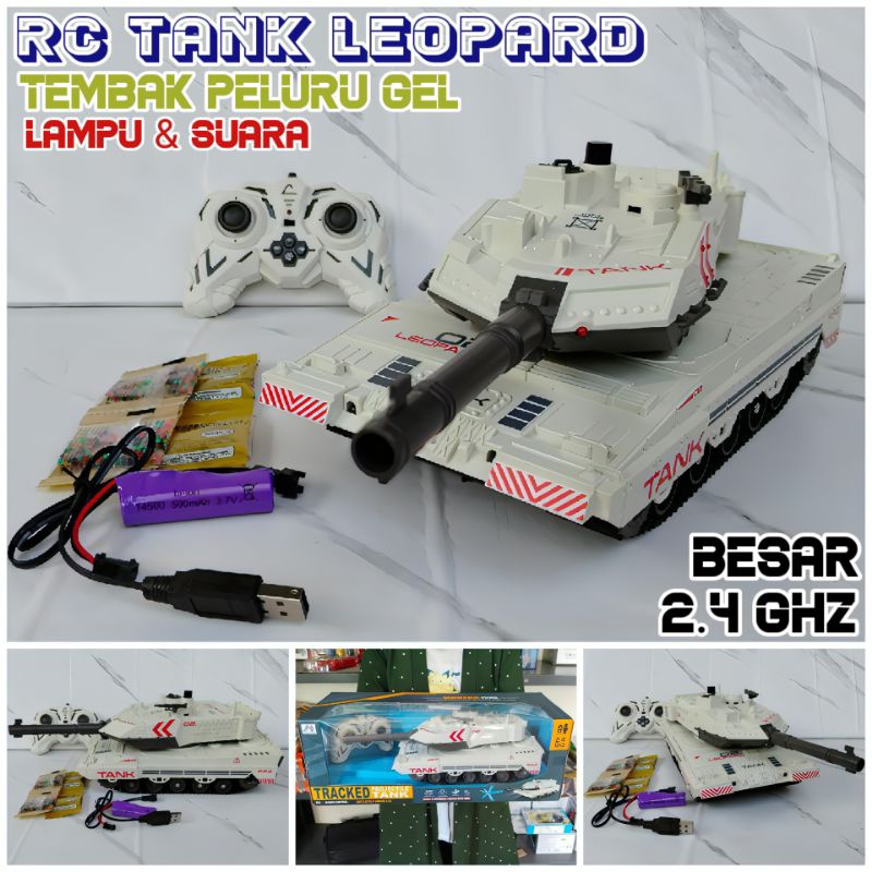 Mainan Remote Control RC Tank Leopard Besar Tembak Peluru Gel 2.4Ghz Baterai cas Lampu & Suara Temba