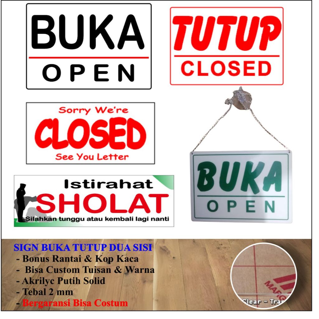 

AKRILIK OPEN CLOSED BUKA TUTUP ACRYLIC PUTIH SOLID BONUS RANTAI PLUS KOP KACA