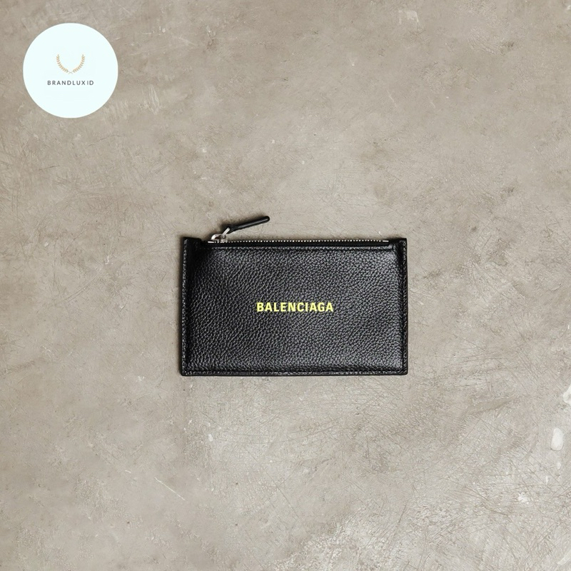 Balenciaga Text Yellow Zip Card Wallet in Black