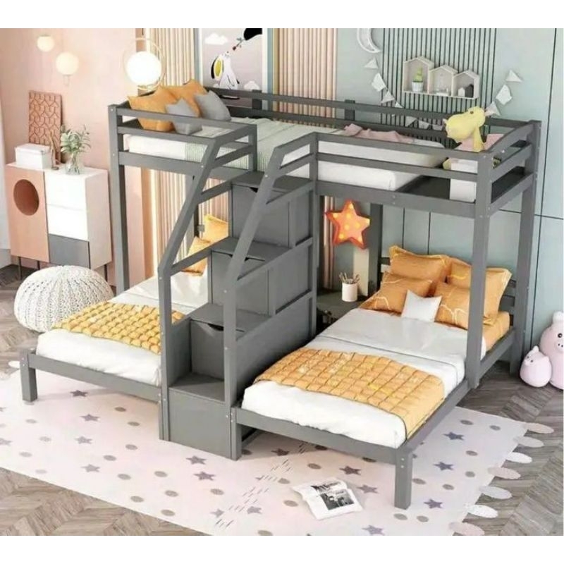 Tempat tidur tingkat anak kayu 3 susun asrama
