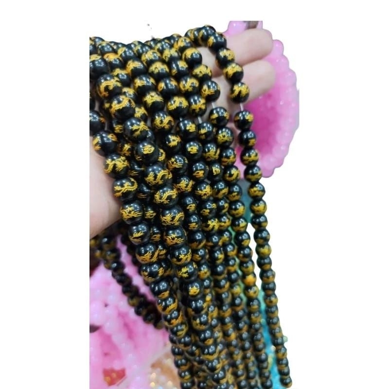 COD Manik Batu Tibet Motif Naga Emas Ukuran 8mm Bahan Membuat Gelang Dan Kalung