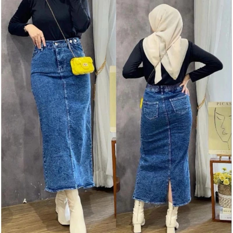 Teana rok jeans,rok span jeans,rok jeans belah belakang,rok jenaa standard, rok jeans jumbo