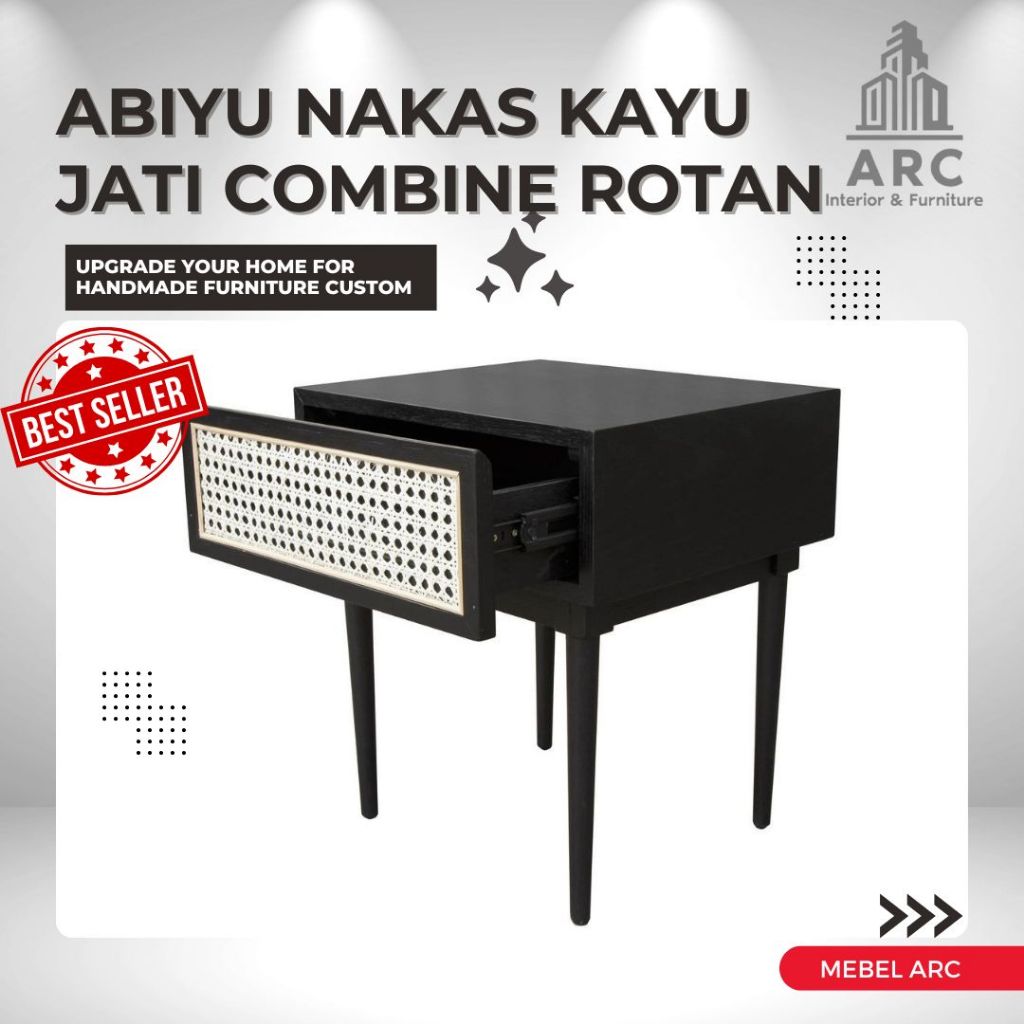 Nakas Tempat Tidur Minimalis Kayu Jati Kombinasi Rotan / Nakas Meja Samping Tempat Tidur Kaki Kayu J