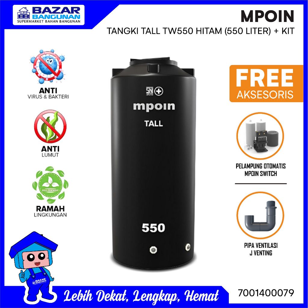 Mpoin - Tangki / Tandon / Toren Air / Water Tank TW550 TW 550 Tall Wave Tinggi Ramping Hitam Anti Lu