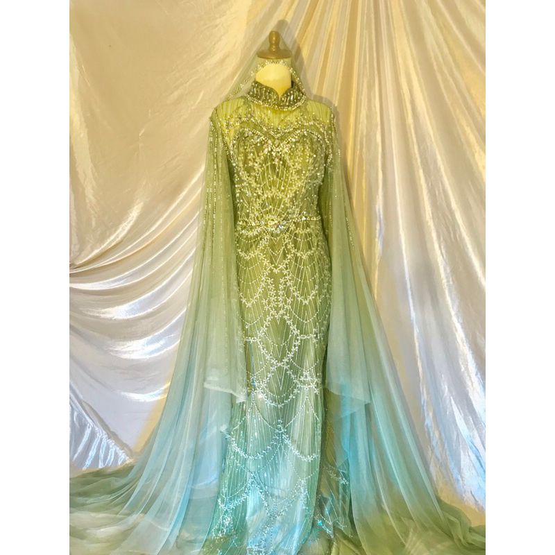 Gown Resepsi Slim Sage Gradasi, Beskap Bapak+Kebaya Ibu, Jarik Instan