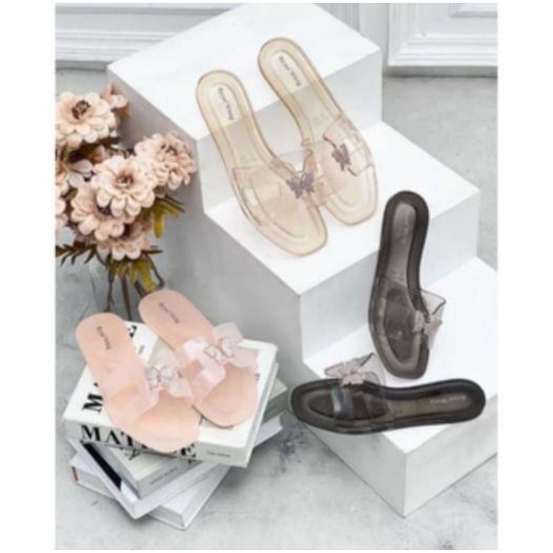 Sandal slop teplek transparan jelly bening pita kilap / sandal cewek bening tipis