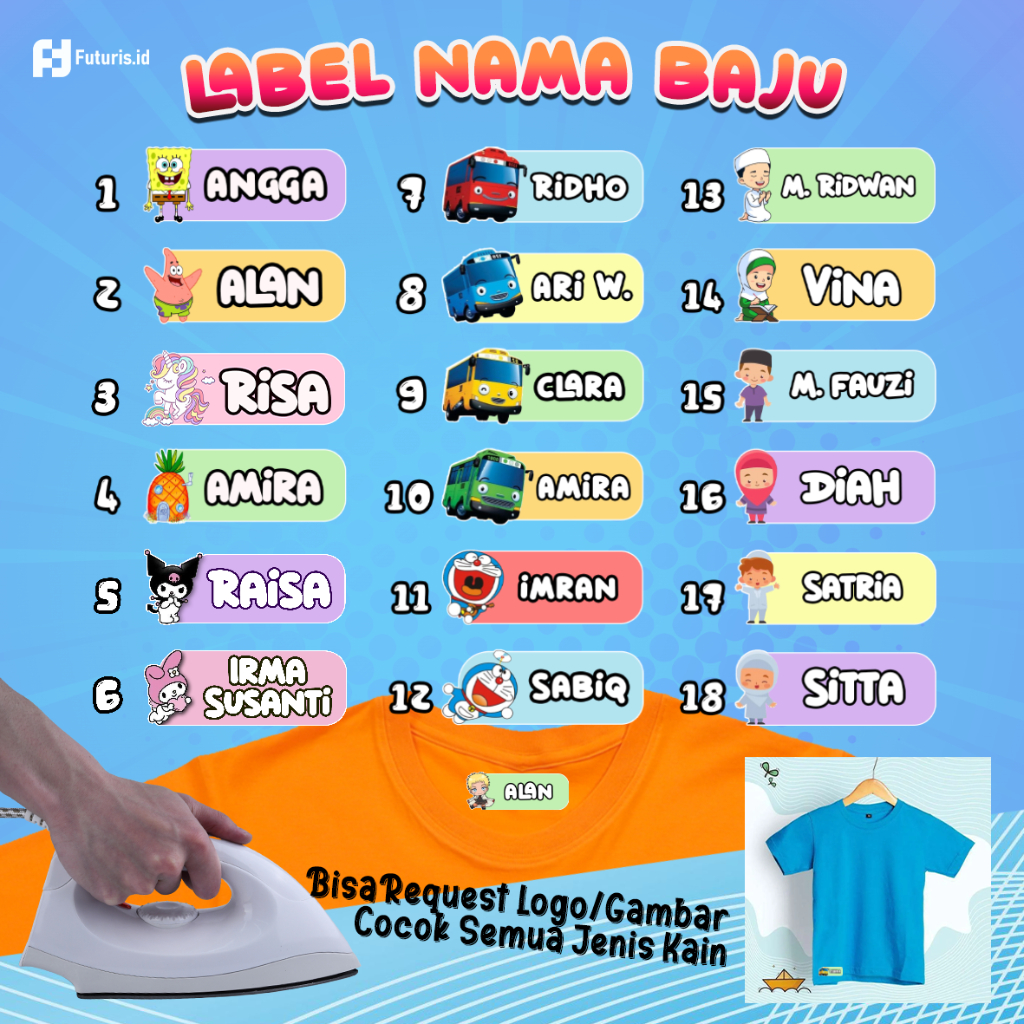 

28pcs Stiker Kain Kaos Baju Tahan Lama - Setiker Label Setrika Custom Nama & Karakter Lucu