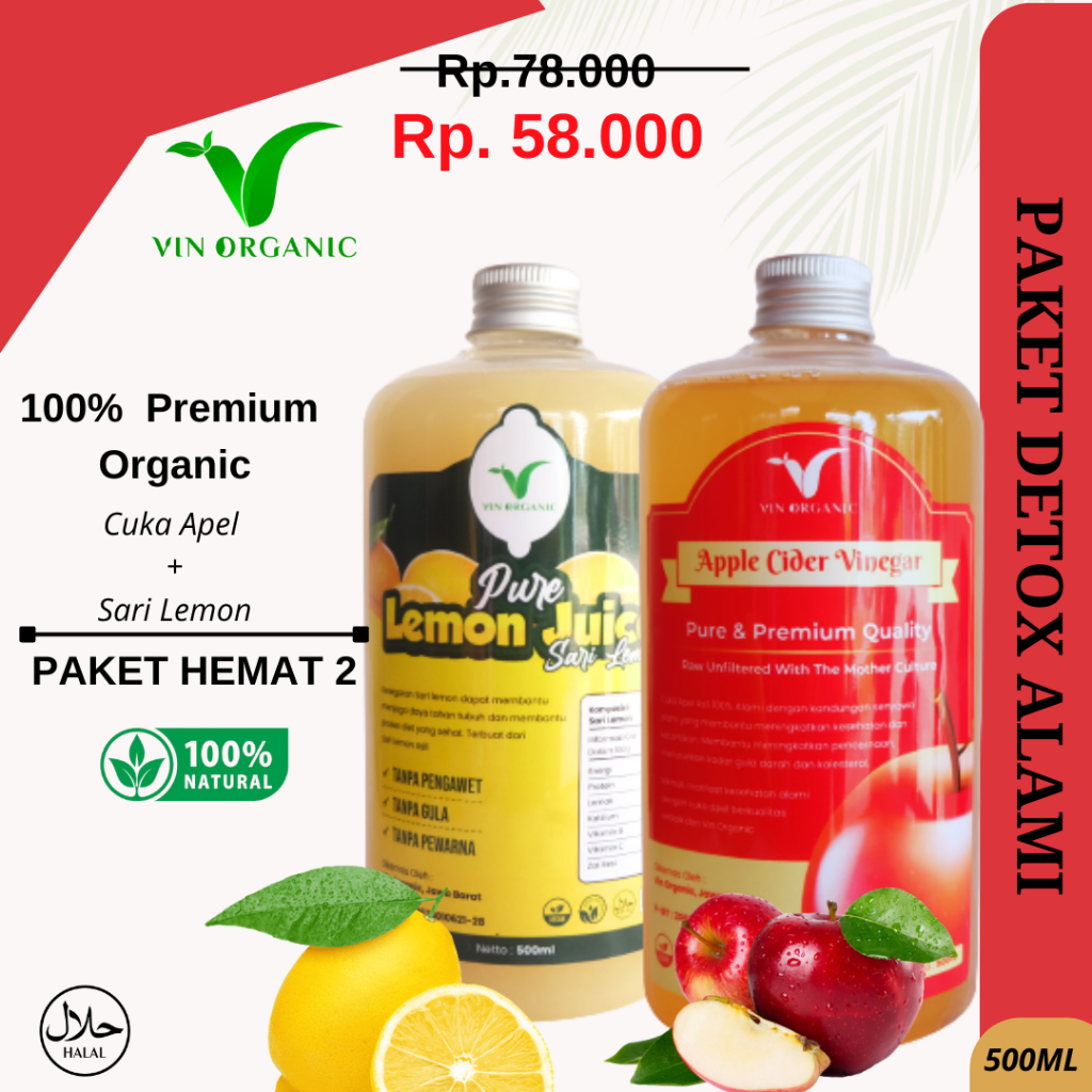 

VIN PAKET HEMAT 2 SARI LEMON MURNI 500ML & APPLE CIDER VINEGAR CUKA APEL 500ML | PAKET SEHAT DIET ORGANIC DETOK ALAMI